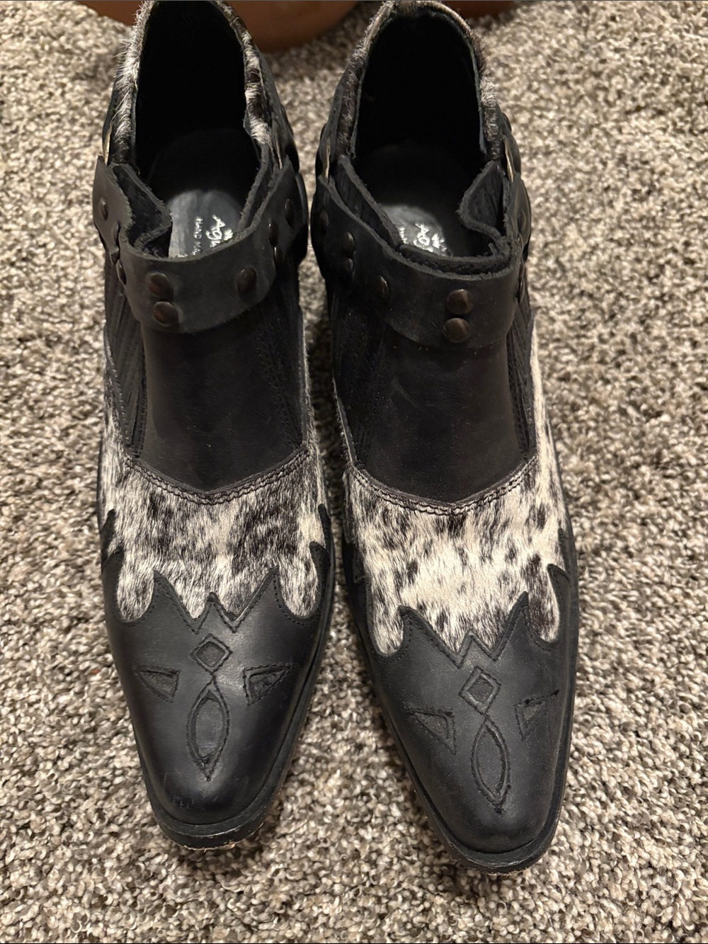 Agave Sky Black Leather & White Haircalf Western Ankle Boots